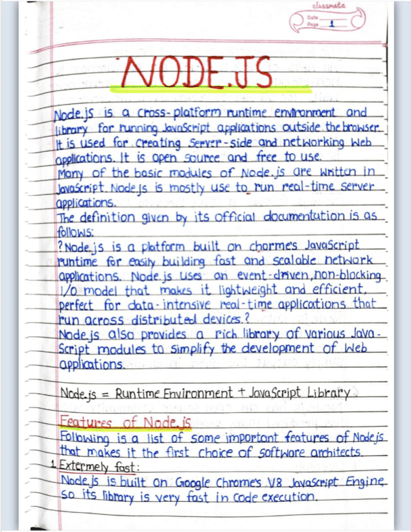 Complete handwritten Notes on NodeJs (87 Pages) - Technical Aliens